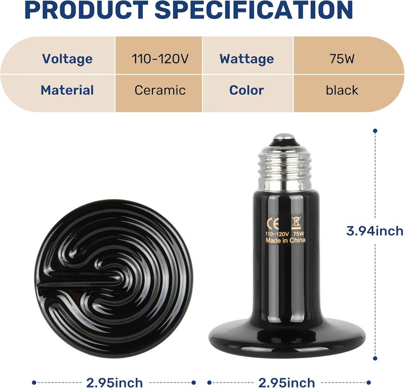 YSSOA مصباح حرارة الزواحف 75 واط، مصدر حرارة سيراميك، بدون لمبات ضوء لإصدار الحرارة للحيوانات الأليفة البرمائية، حاضنة دجاج، سحلية، تنين ملتحي، سلحفاة، ثعبان، حوض زواحف، عبوة من 2 - Image 2